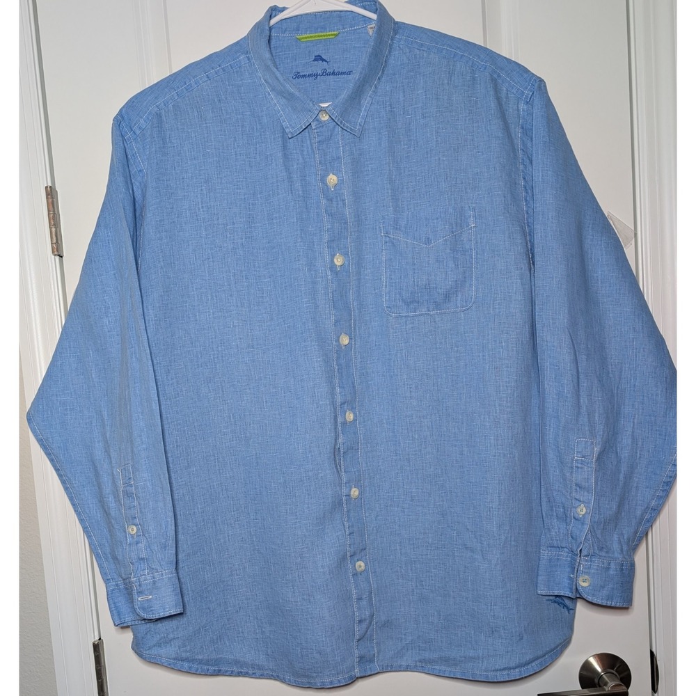 NWOT Tommy Bahama Mens 2XLB Blue 100% Linen Long Sleeve Button Down Shirt NICE!